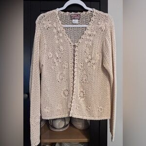 April Cornell crochet Cardigan Sweater floral accents button S tan embroidered